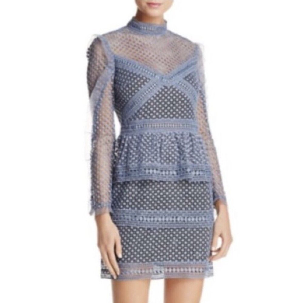 Aqua Blue Periwinkle Lace Dot Eyelet Ruffle Long Sleeve Mini Dress Size: Small